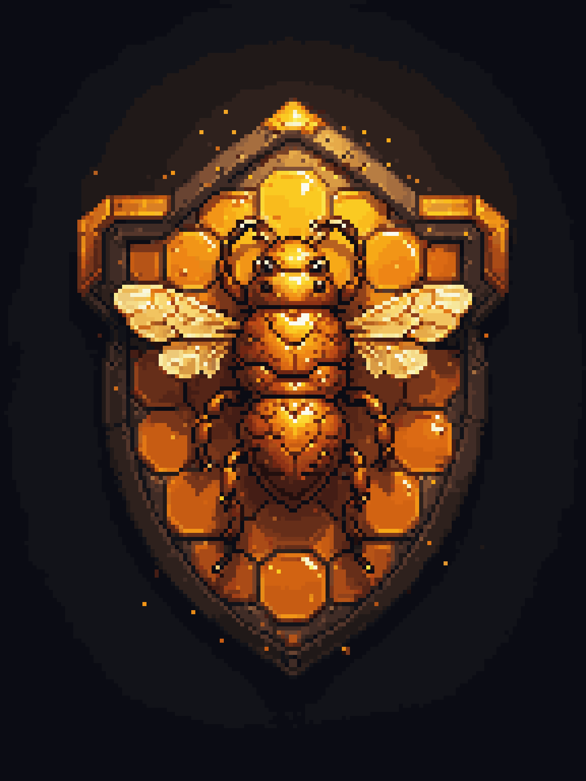 palettized-0138-2900183587-pixel art, cartoon illustration, honey bee shield, honey hex, yellow and orange colors, simple black background, game icon _lora.png